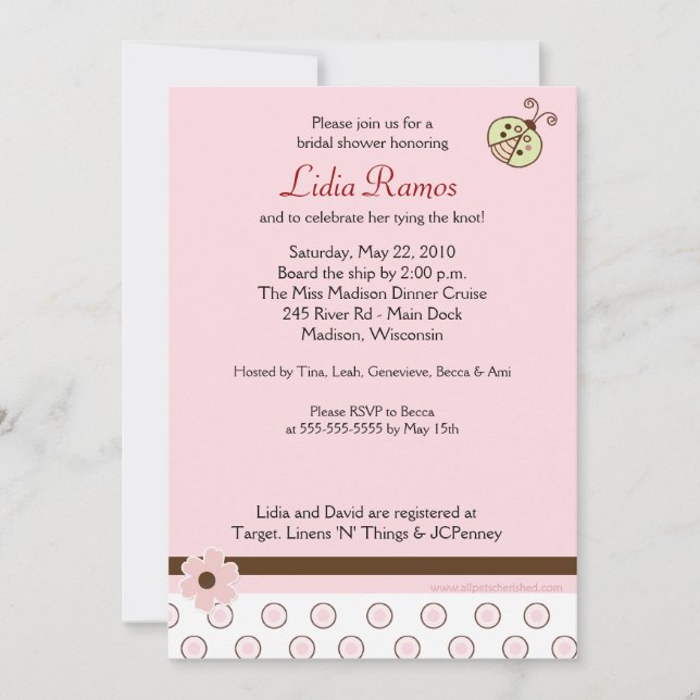 Trendy Pink Ladybug 5x7 Bridal Shower Invite (Front)