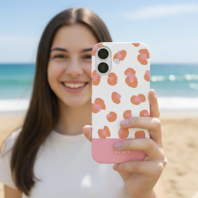 Trendy Pink Leopard Monogram Initial Case-Mate iPhone Case (iPhone 16 case shown in bare or though. Choose type of case and iphone model. Add your initials.)