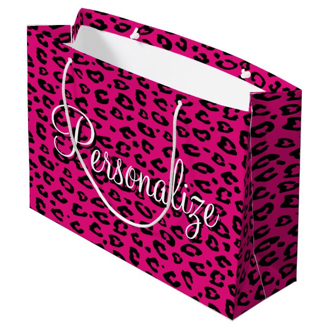 Trendy pink leopard print personalized gift bags (Back Angled)