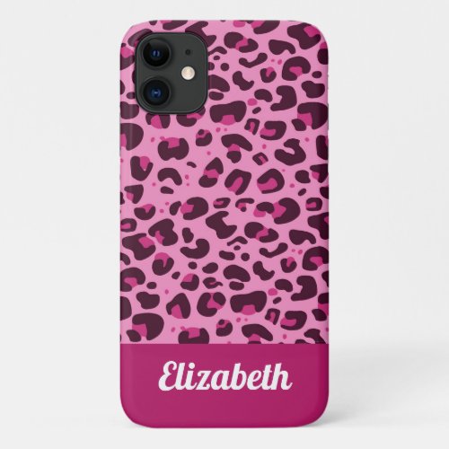 Trendy pink leopard spot print with name iPhone 11 case