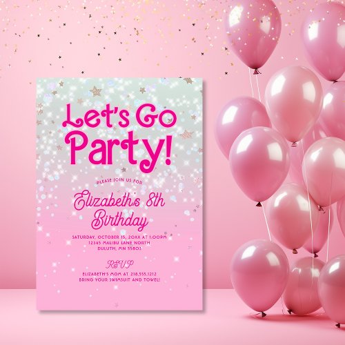 Trendy Pink Lets Go Party Birthday Invitation