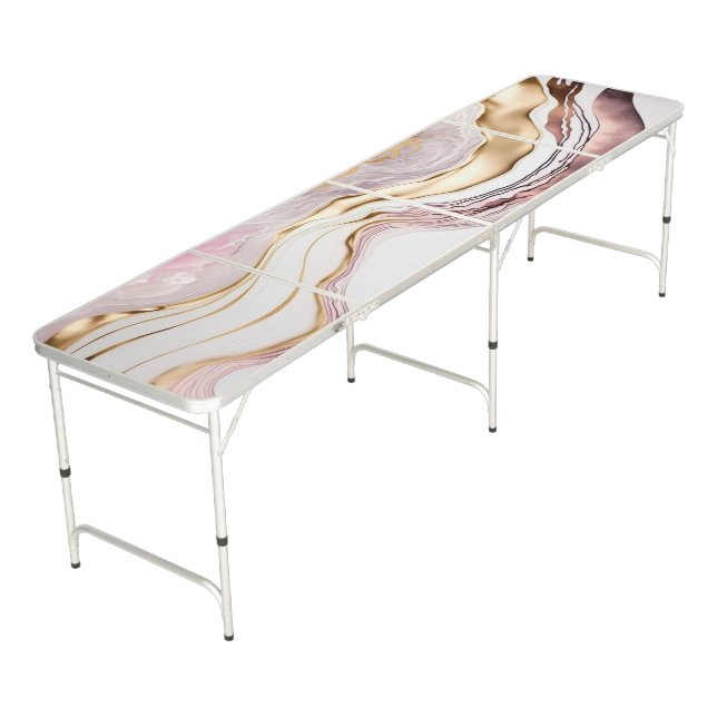 Trendy Pink Marble Gold Touch Beer Pong Table (Angled)