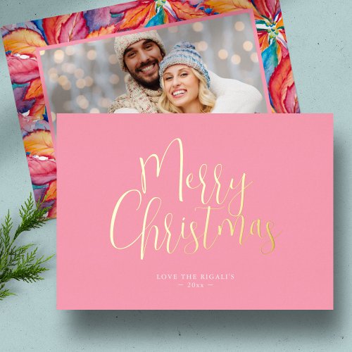 Trendy Pink Merry Christmas Foil Holiday Card