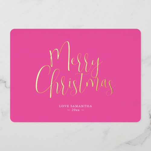 Trendy Pink Merry Christmas Foil Holiday Card