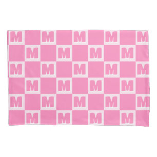 Trendy Pink Monogram Checkered Initial Pillow Case