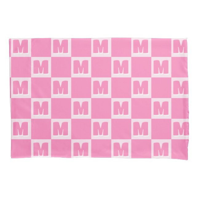 Trendy Pink Monogram Checkered Initial  Pillow Case (Front)