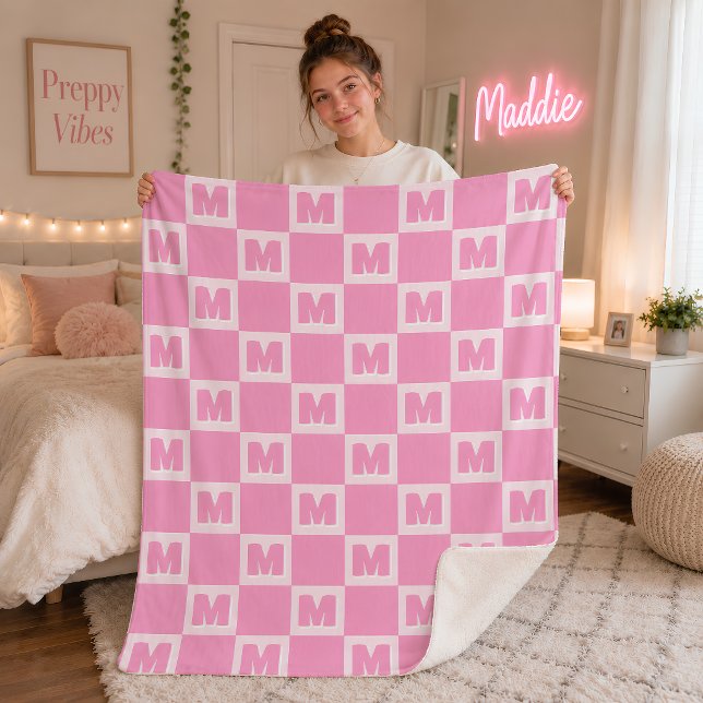 Trendy Pink Monogram Checkered Initial  Sherpa Blanket (Creator Uploaded)
