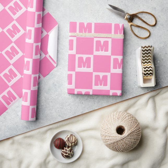 Trendy Pink Monogram Checkered Initial  Wrapping Paper (Crafts)