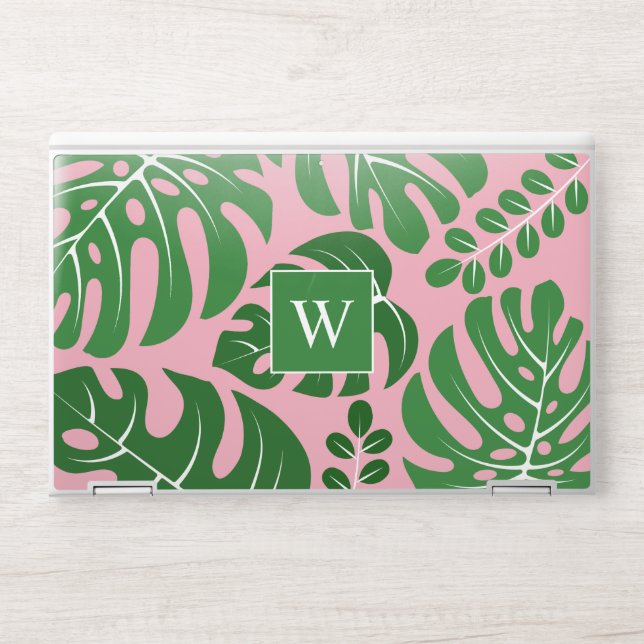 Trendy Pink Monstera Leaves Monogram HP Laptop Skin (Front)