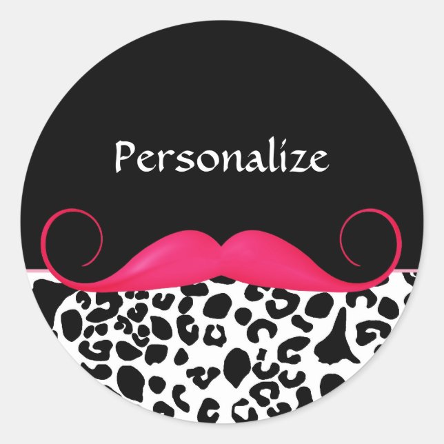 Trendy Pink Mustache Girly Leopard Print With Name Classic Round Sticker (Front)