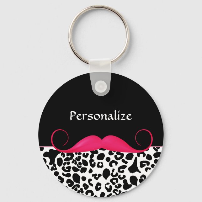 Trendy Pink Mustache Girly Leopard Print With Name Keychain (Front)