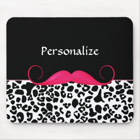 Trendy Pink Mustache Girly Leopard Print With Name Mouse Pad