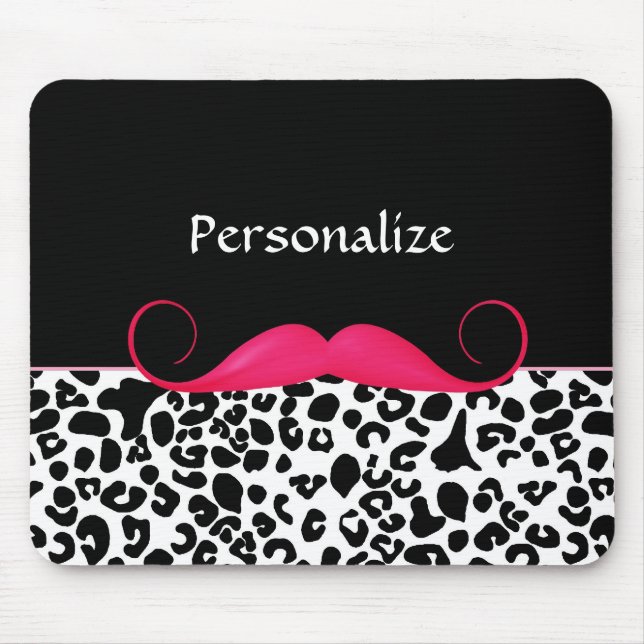 Trendy Pink Mustache Girly Leopard Print With Name Mouse Pad (Front)