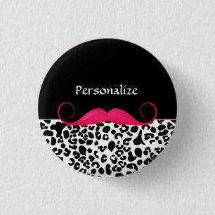 Trendy Pink Mustache Girly Leopard Print With Name Pinback Button