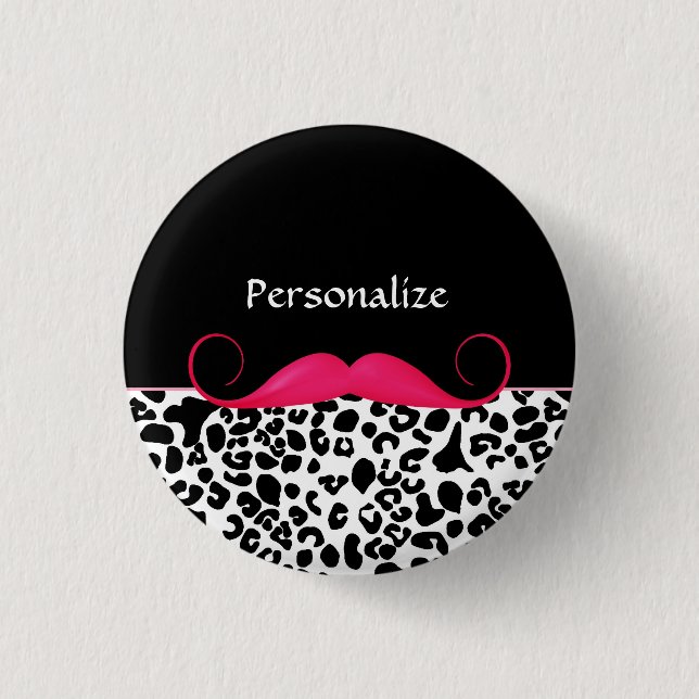 Trendy Pink Mustache Girly Leopard Print With Name Pinback Button (Front)