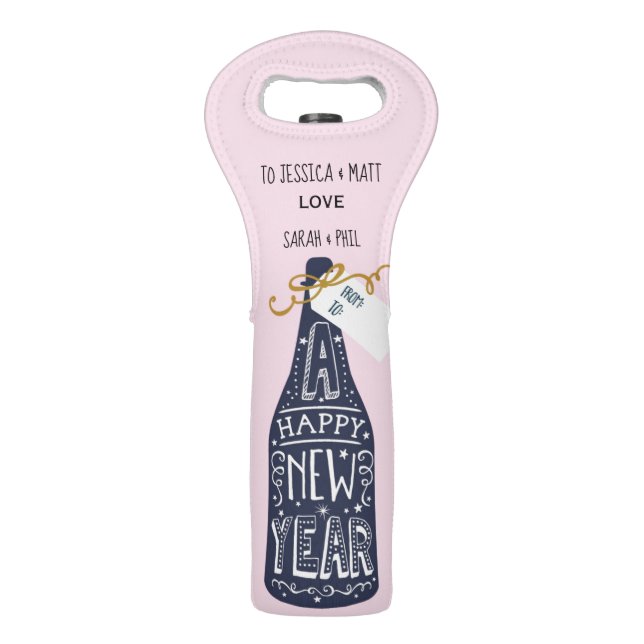 Trendy Pink New Year Typography Bottle Art Wine Bag (Front)