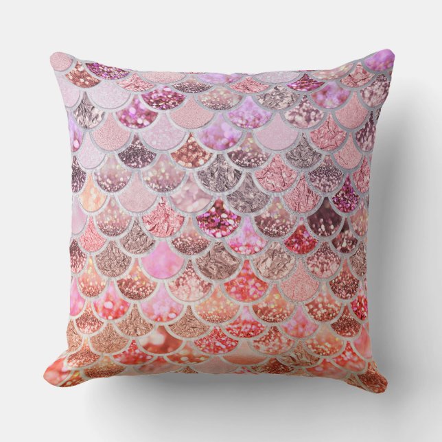 Trendy Pink Ombre Glitter Mermaid Fish Scales Throw Pillow (Front)