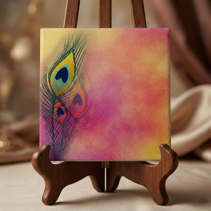 Trendy Pink & Orange Ombre Peacock Feathers Ceramic Tile
