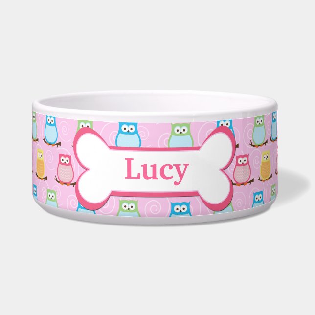 Trendy Pink Owls Customized Pet Dog Food Bowl (Front)