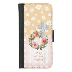 Trendy Pink Peach Watercolor Rose Cross Bible iPhone 8/7 Wallet Case