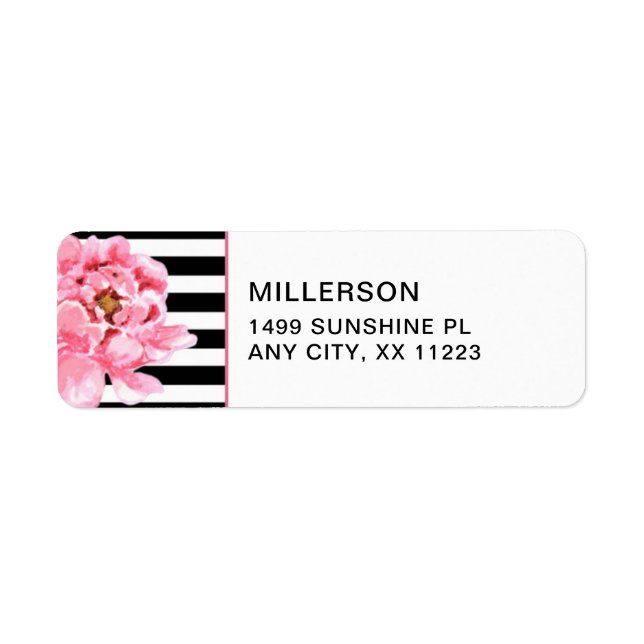 Trendy Pink Peonies + black white stripes address Label (Front)