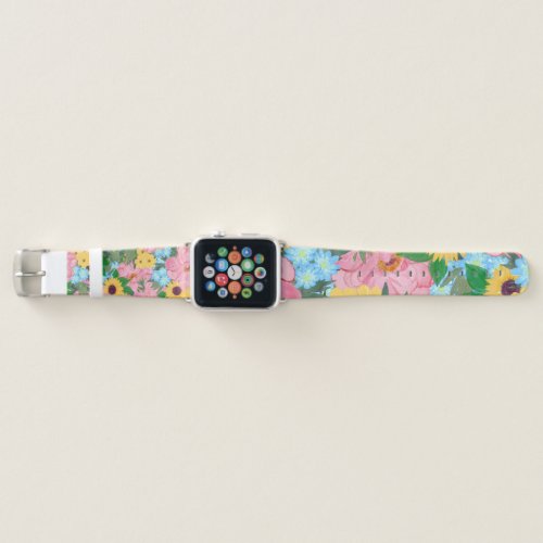 Trendy Pink Peonies Yellow Sunflowers Watercolor Apple Watch Band