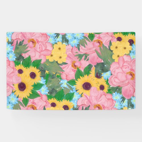 Trendy Pink Peonies Yellow Sunflowers Watercolor Banner