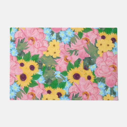 Trendy Pink Peonies Yellow Sunflowers Watercolor Doormat