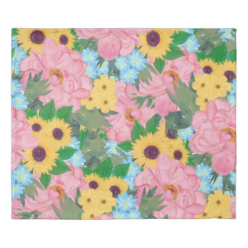 Trendy Pink Peonies Yellow Sunflowers Watercolor Duvet Cover