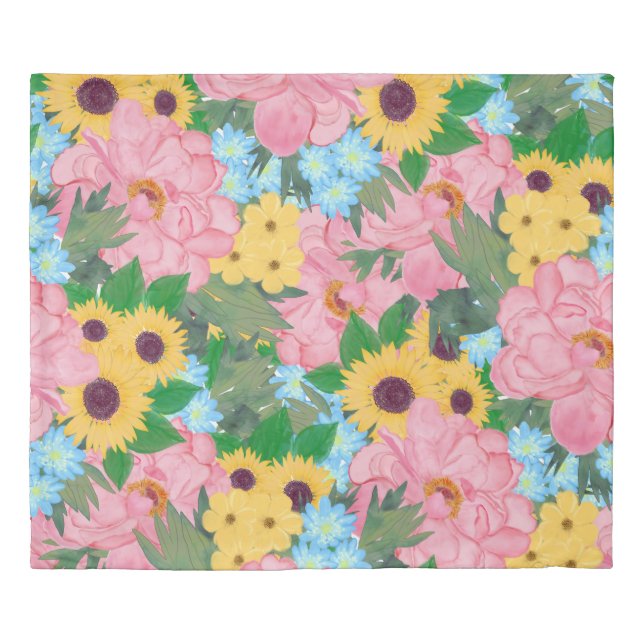 Trendy Pink Peonies Yellow Sunflowers Watercolor Duvet Cover (Front)