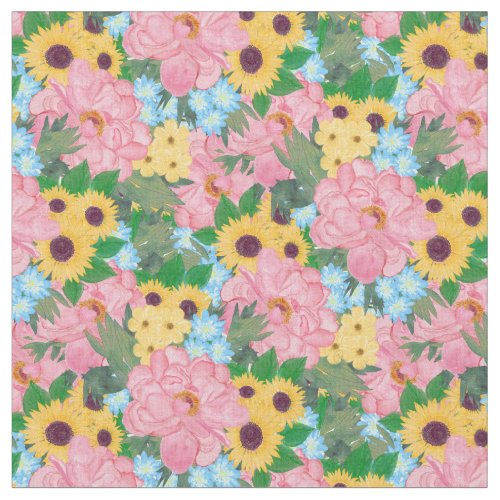 Trendy Pink Peonies Yellow Sunflowers Watercolor Fabric