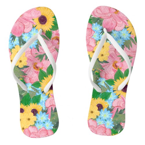 Trendy Pink Peonies Yellow Sunflowers Watercolor Flip Flops