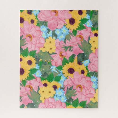 Trendy Pink Peonies Yellow Sunflowers Watercolor Jigsaw Puzzle