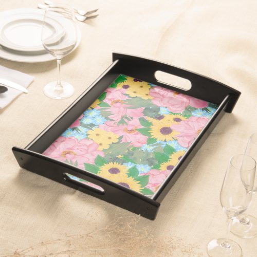 Trendy Pink Peonies Yellow Sunflowers Watercolor Serving Tray