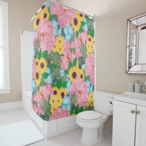 Trendy Pink Peonies Yellow Sunflowers Watercolor Shower Curtain