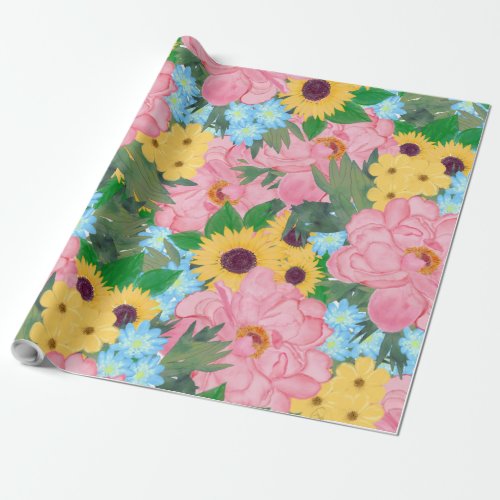 Trendy Pink Peonies Yellow Sunflowers Watercolor Wrapping Paper