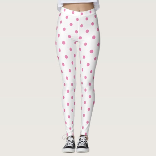 Trendy Pink Polka dot Pattern On White Retro Leggings