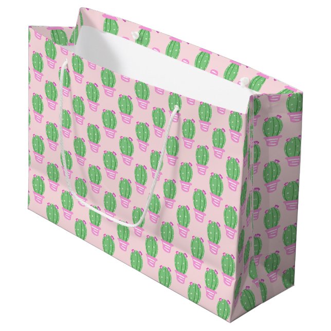 Trendy Pink Potted Cactus Pattern Large Gift Bag (Front Angled)