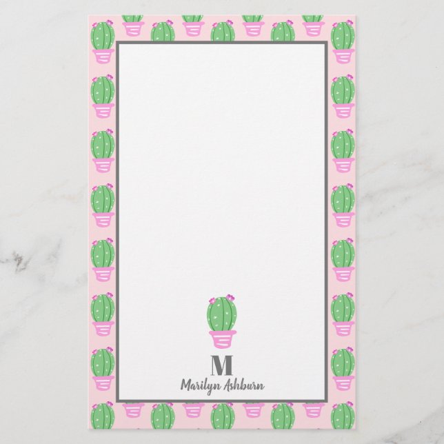 Trendy Pink Potted Cactus | Personalized Stationery (Front)