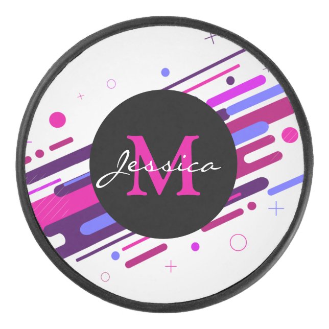 Trendy Pink & Purple Geometric Lines Monogram Hockey Puck (Front)