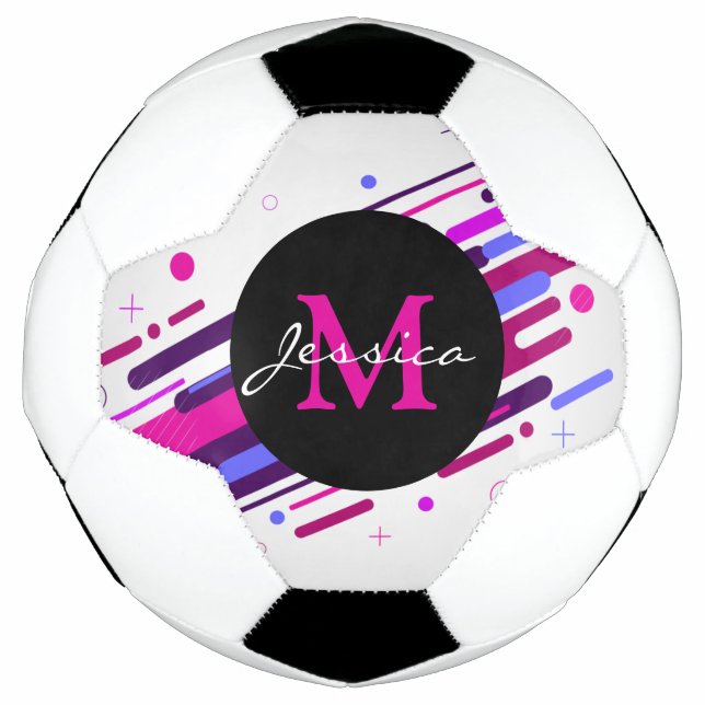 Trendy Pink & Purple Geometric Lines Monogram Soccer Ball (Front)