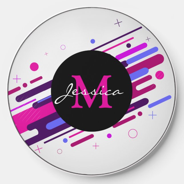 Trendy Pink & Purple Geometric Lines Monogram Wireless Charger (Front)