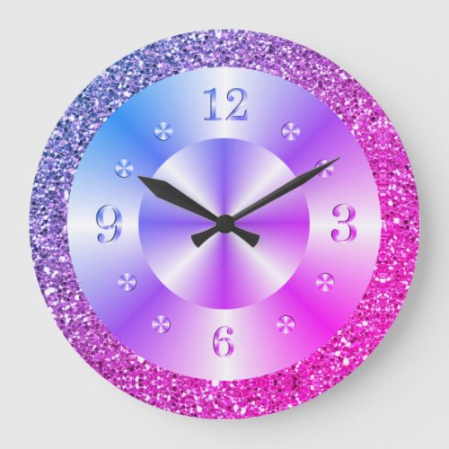 Trendy Pink Purple Glitter Sparkle Large Clock