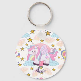 Trendy Pink Purple Gold Unicorn Name Monogram Keychain