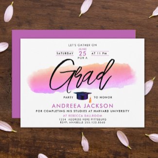 Trendy Pink Purple Grad Cap Bold Script Watercolor
