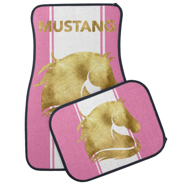 Trendy Pink Racing Stripes Gold Mustang Car Floor Mat (Set)