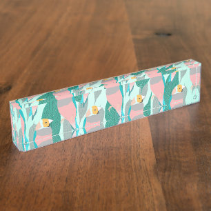 Trendy Pink Rainbow Finch Bird & Green Foliage Desk Name Plate