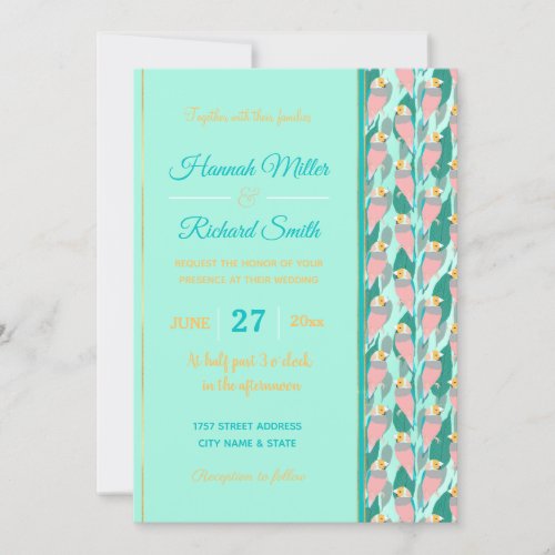 Trendy Pink Rainbow Finch Bird  Green Foliage Invitation