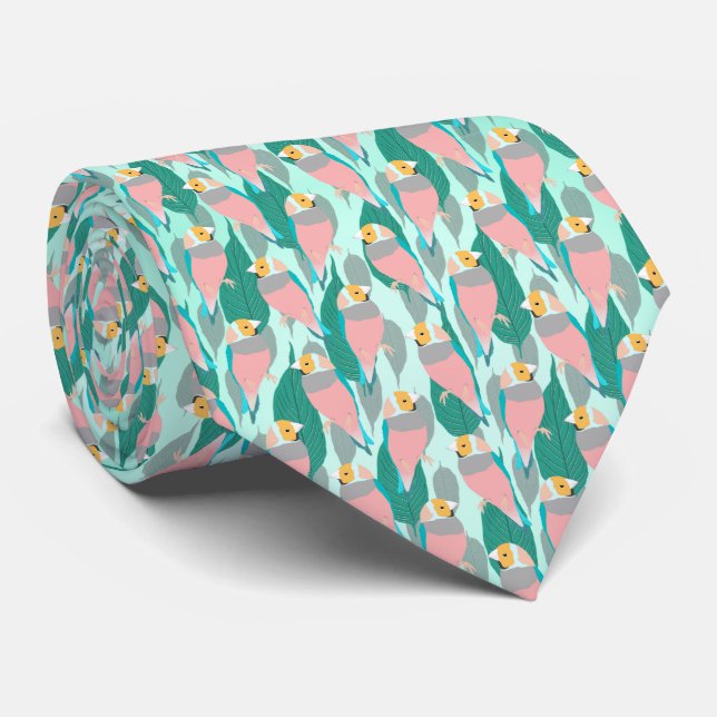 Trendy Pink Rainbow Finch Bird & Green Foliage Neck Tie (Rolled)