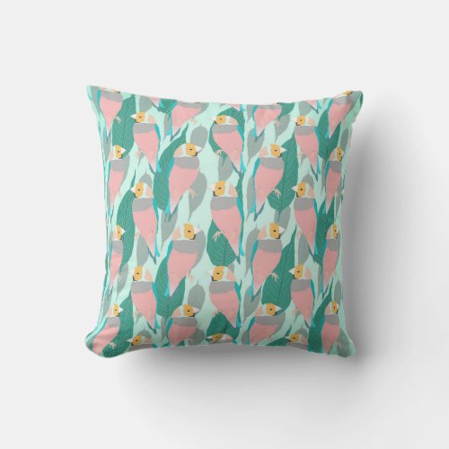 Trendy Pink Rainbow Finch Bird  Green Foliage Outdoor Pillow